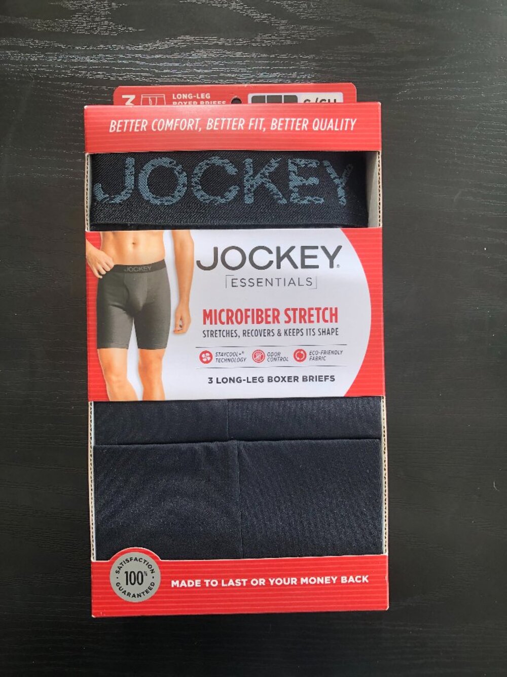 Jockey Essentials Men's 3-Pack Boxer Briefs Long Leg Small (28-30") Black NEW